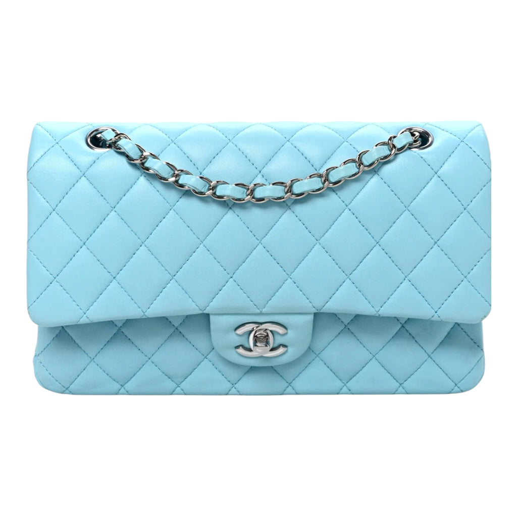 Quilted Medium Double Flap Light Blue Handbag