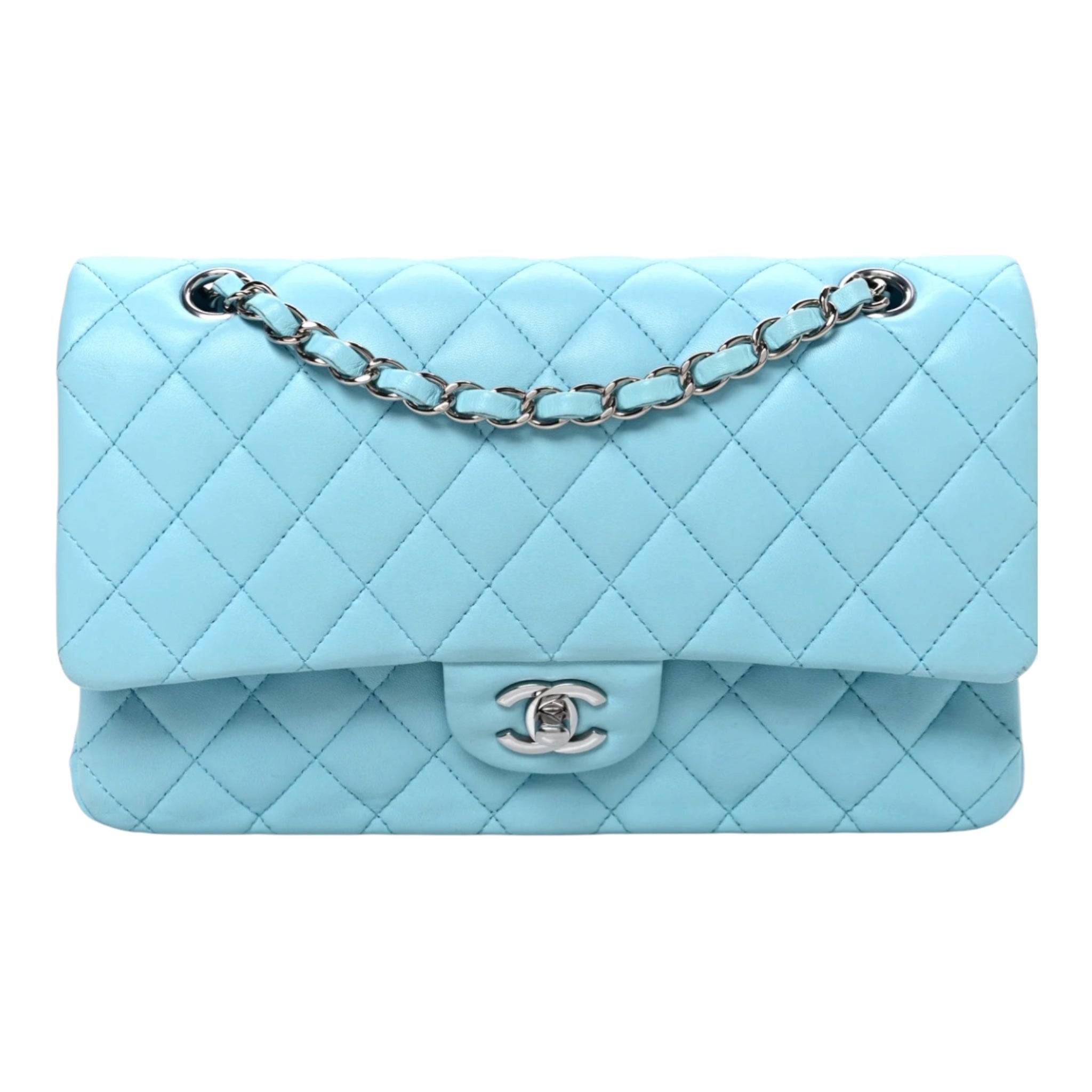 Quilted Medium Double Flap Light Blue Handbag