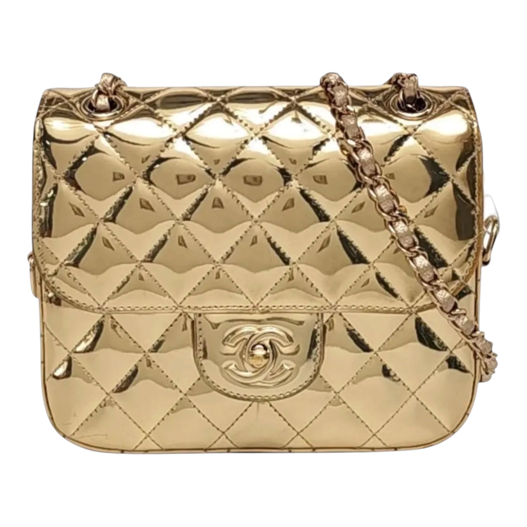 Small Mirror Calfskin Metallic Gold  Flap Handbag